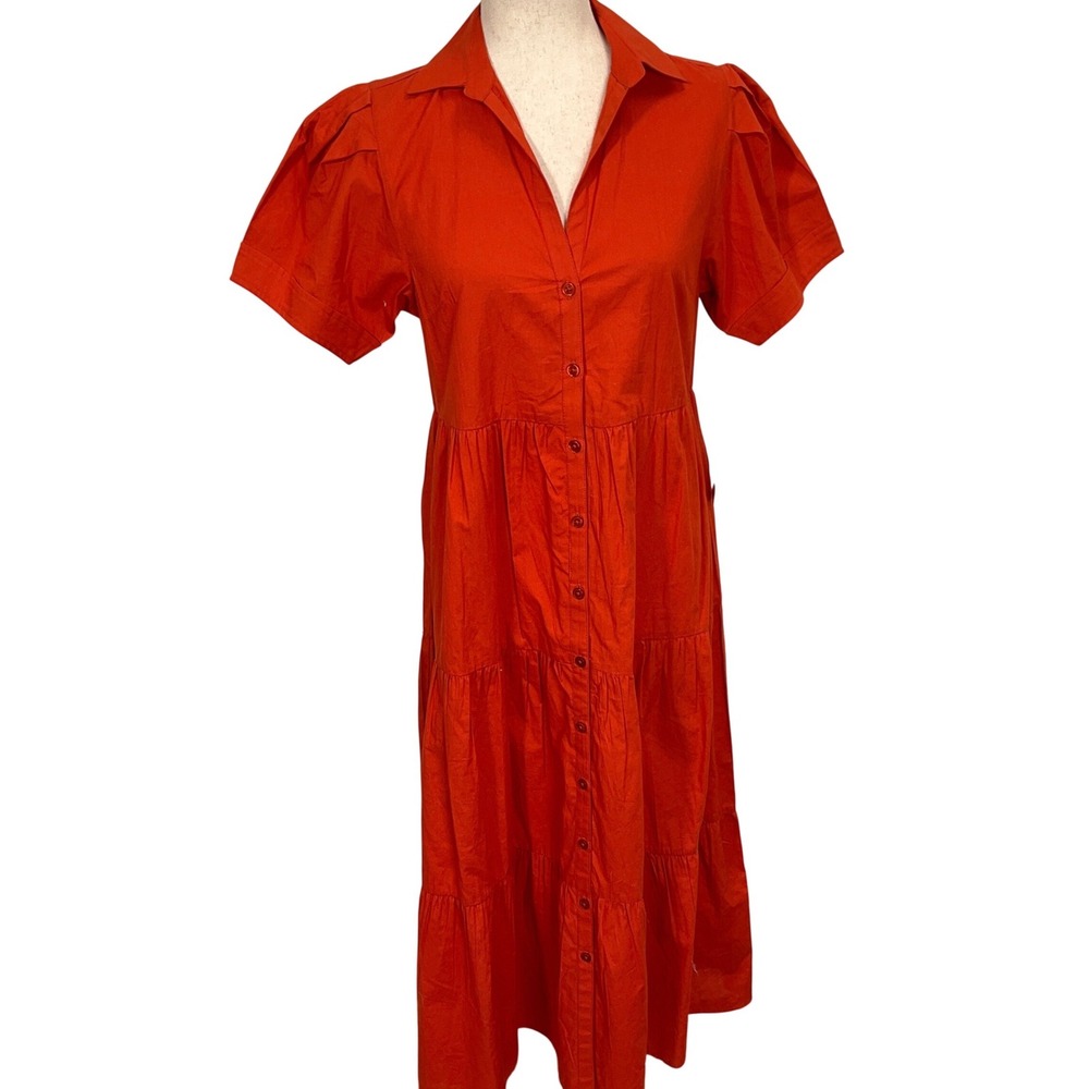 Calvin Klein Dress Womens 2 Orange‎ Cotton 3 Tiered Prairie Midi Shirt Peasant